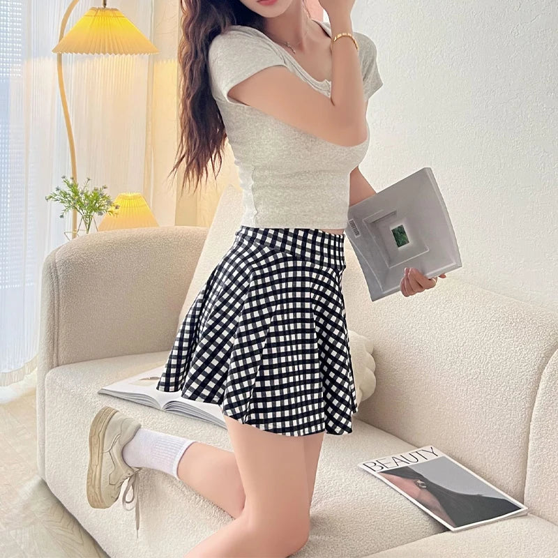 Fashion Women's Basic Skirt Summer Mini Elastic Pleated Skirt Lined Shorts Printing Plaid Korea Girl Uniform Safety Pants Skirt