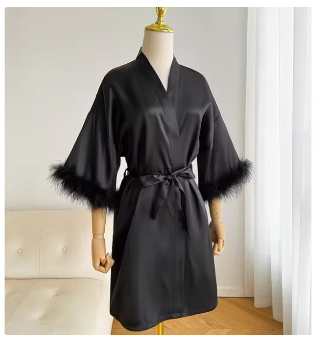 Fashion Satin Robe Female Bathrobe Sexy Lingerie Silk Kimono Bride Dressing Gown Women Sleepwear Furry 3/4 Sleeve Gown Bathrobe