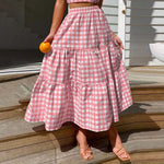 2026 Summer Vintage Checkered Maxi Skirt Women High Waisted Elastic Plaid Ruffle Long Skirts Retro Sweet Cake ALine Skirts