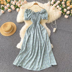 2025 Summer French Vintage Floral Dress Fashion Elegant High-Waisted Drawstring Vestidos Printed Fresh And Sweet Long Dresses