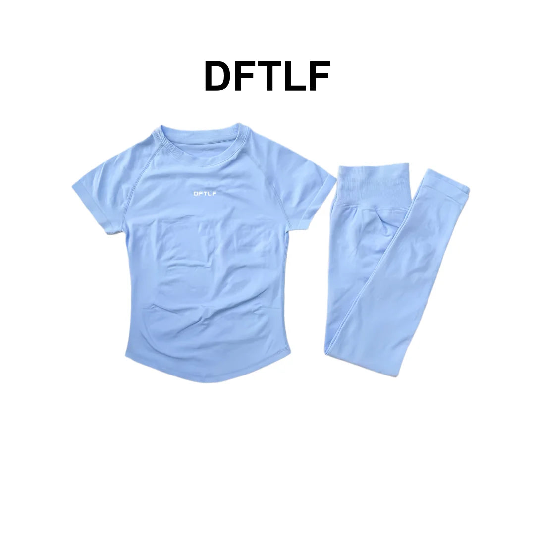 DFTLF 2 Pieces Women Yoga Set Slim Short Sleeve Top High Waist Leggings Seamless Workout Gym Fitness Quick Dry Sportswear Suit
