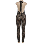 Women Halter Neck Lace Mesh Jumpsuit Sheer See Through Sleeveless Backless Bodycon Romper Y2K Clubwear Party Nightclub Outfit