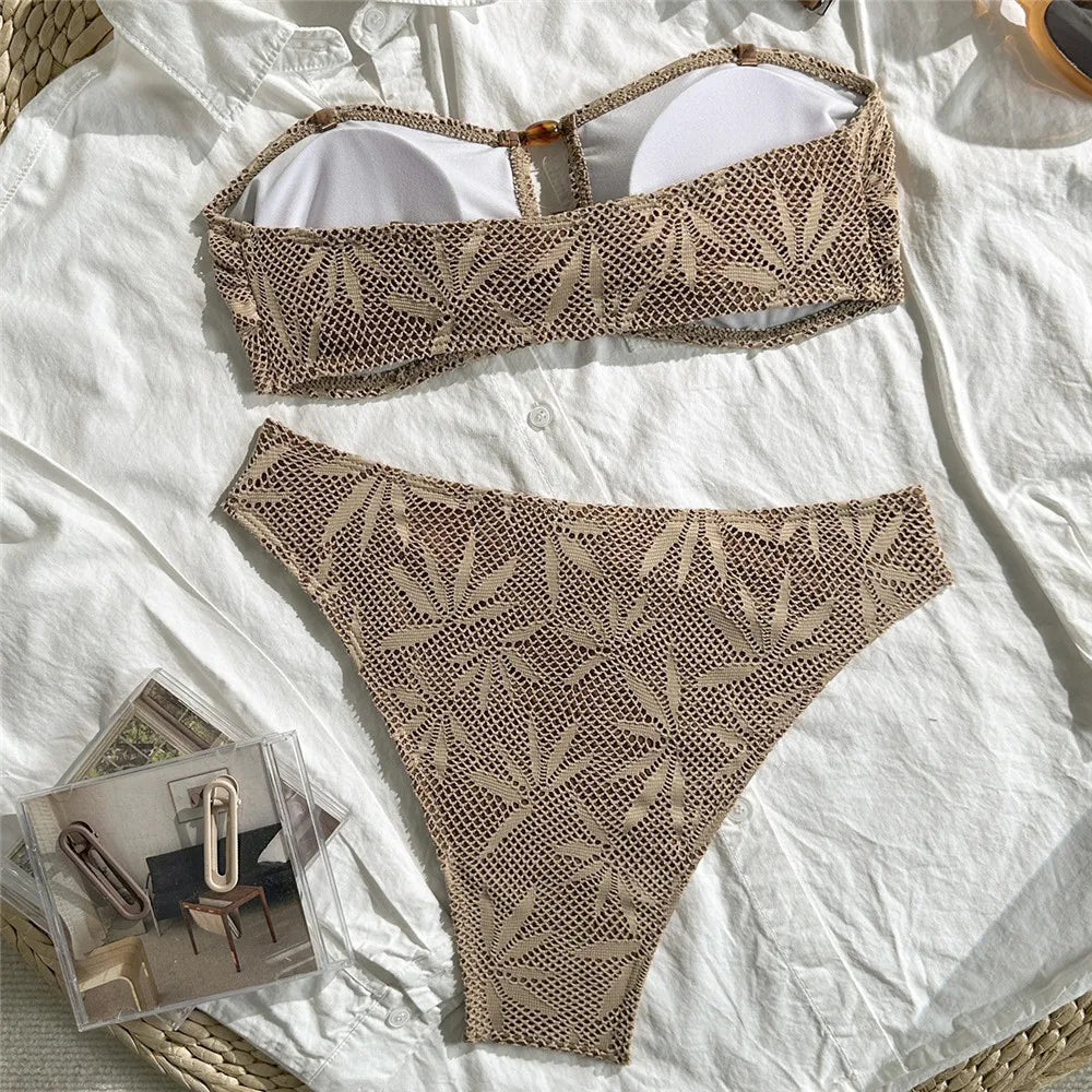 Brown Leaf Fishing Net Bandeau Bikinis Sets Front Hollow Out Sexy Swimsuit Woman 2026 Bead Swimwear Bathing Suit Bikini De Mujer
