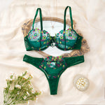 French vintage green floral embroidery lingerie set - Sexy see-through chiffon bra and panties set ZA824026
