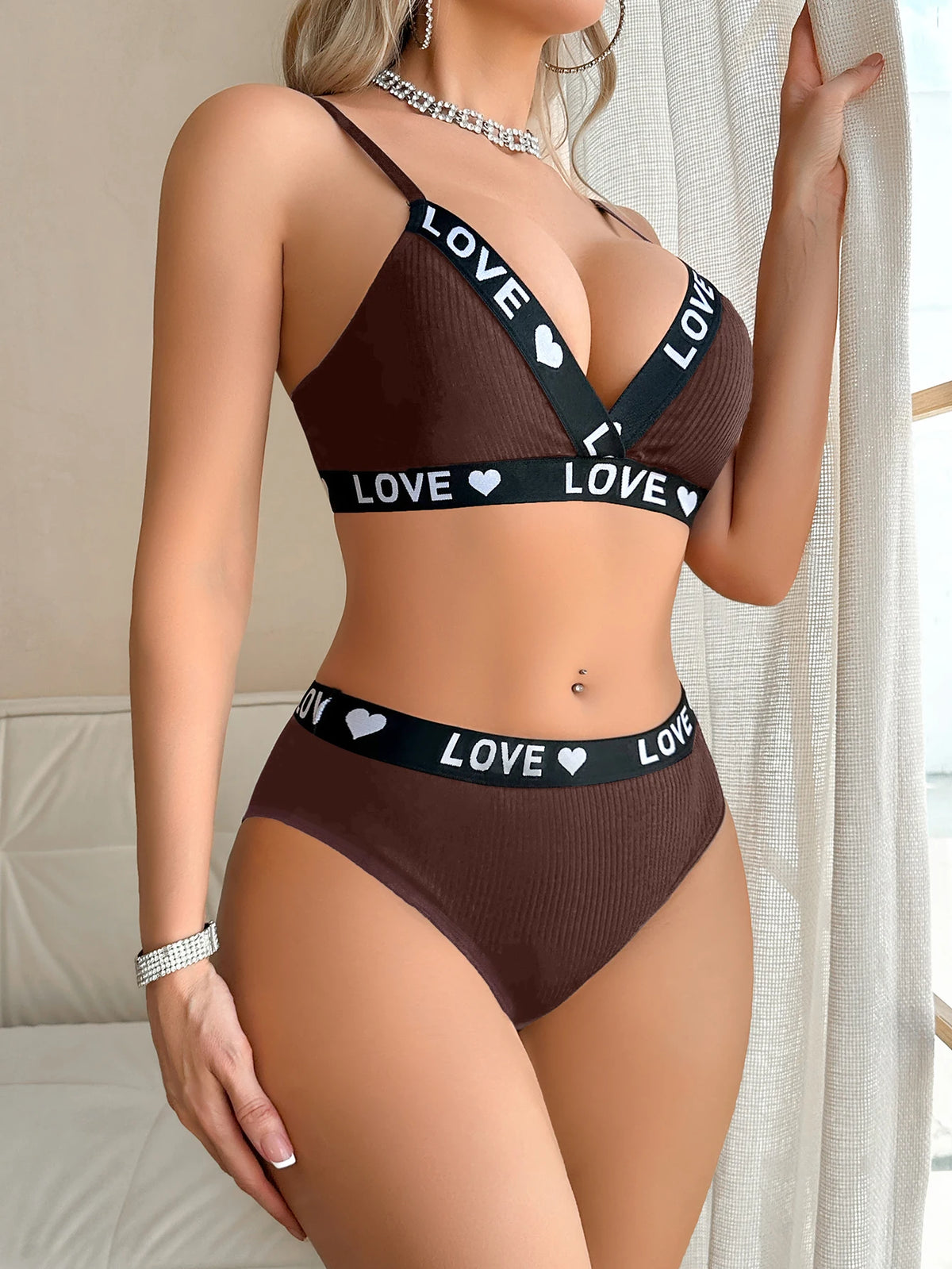 1 to 3-Piece Set Cotton Women's Underwear Set Rib Letter Print Removable Inner Wireless Push up Bra Soft Sexy Women's Underwear