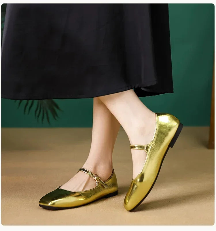 2025 Elegant Woman Square Toe Lolita Lady Barefoot Boat Gold Flats Elegant Soft Sole Ballerina Party Mary Jane Shoes