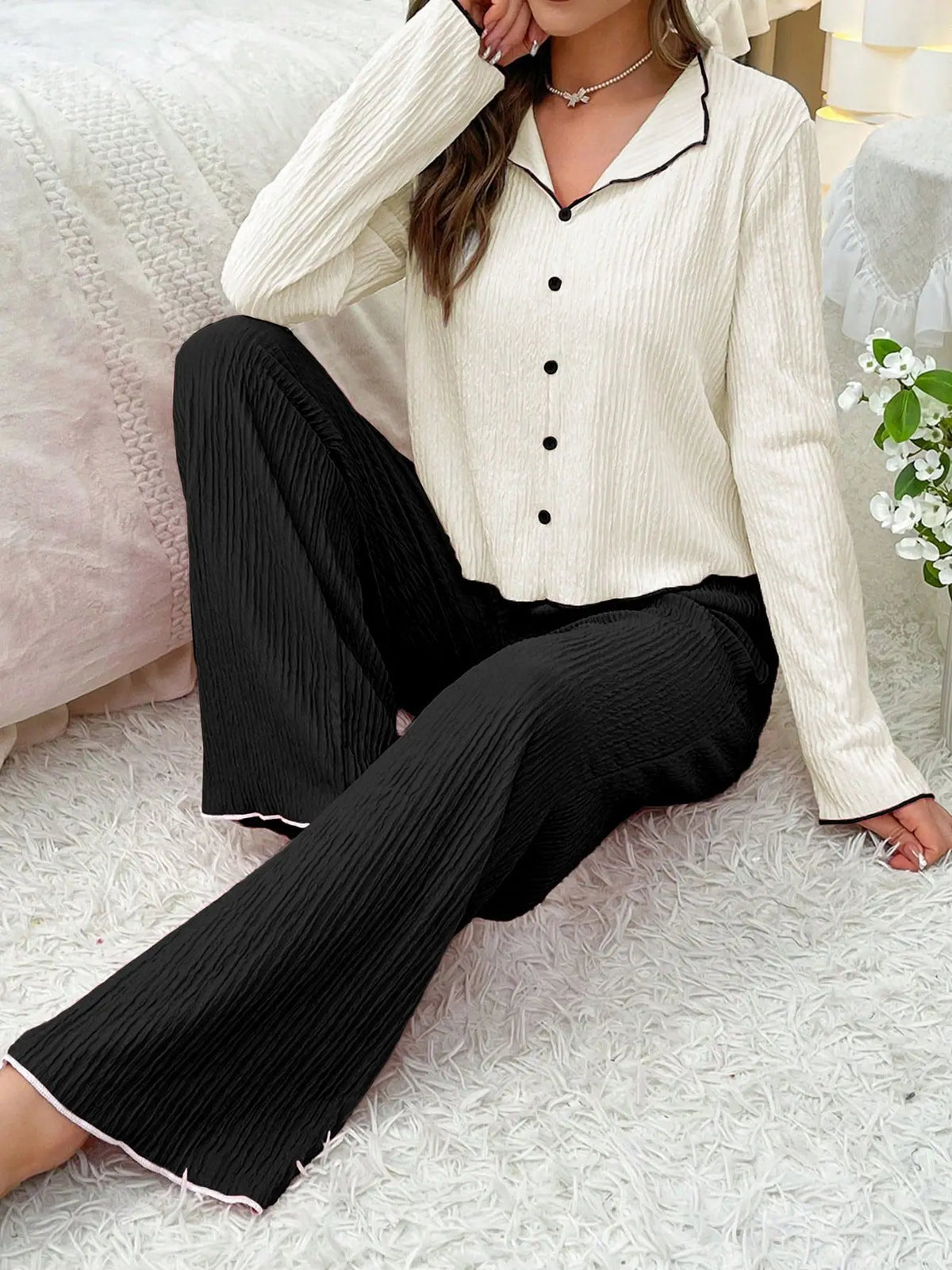 Autumn Winter Sleepwear for Woman Pajamas Set Lapel Button Fashion Long Sleeve Tops and Trousers Home Suit Loungewear
