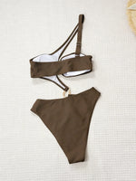 Sexy One Shoulder Swimwear Women Coffee Metal Buckle Hollow Out Backless Thong Bikini Summer Bathing Suit One Piece Swimsuit