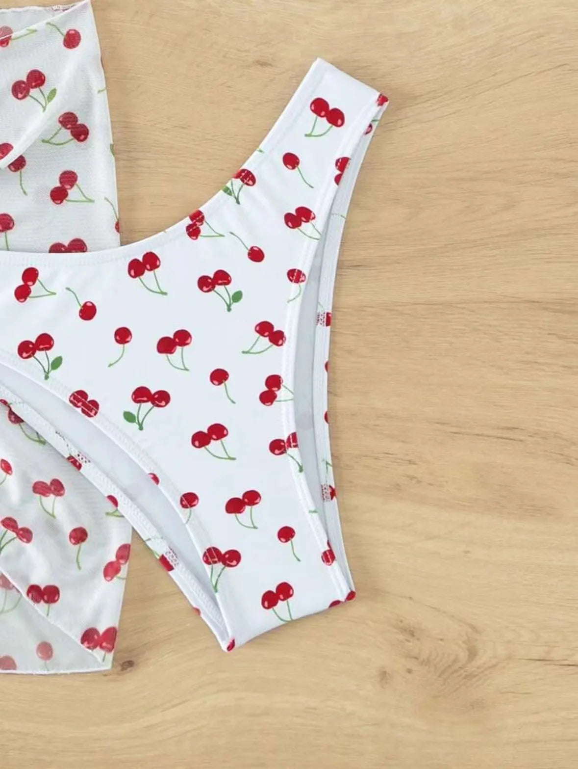 Women French Chic Cherry Print Bikini Sets Three Pieces with Mesh Skirt Swimsuit Swimwear Bathing Suit Beach Outfits Biquini
