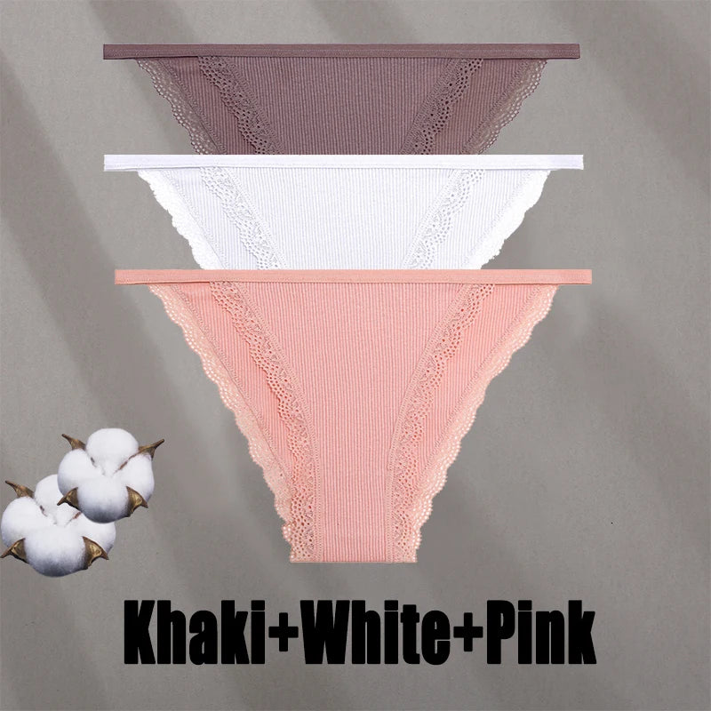 3PCS Women‘s Cotton Lace Panties Low Waist Briefs Comfortable Underwear Ladies Solid Color Underpants Girls Breathable Panty New
