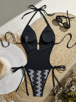 Printed Halter V Neck One Piece Swimsuit Women Swimwear Female Backless Monokini High Leg Cut Bather Bathing Suit Swim Bodysuit