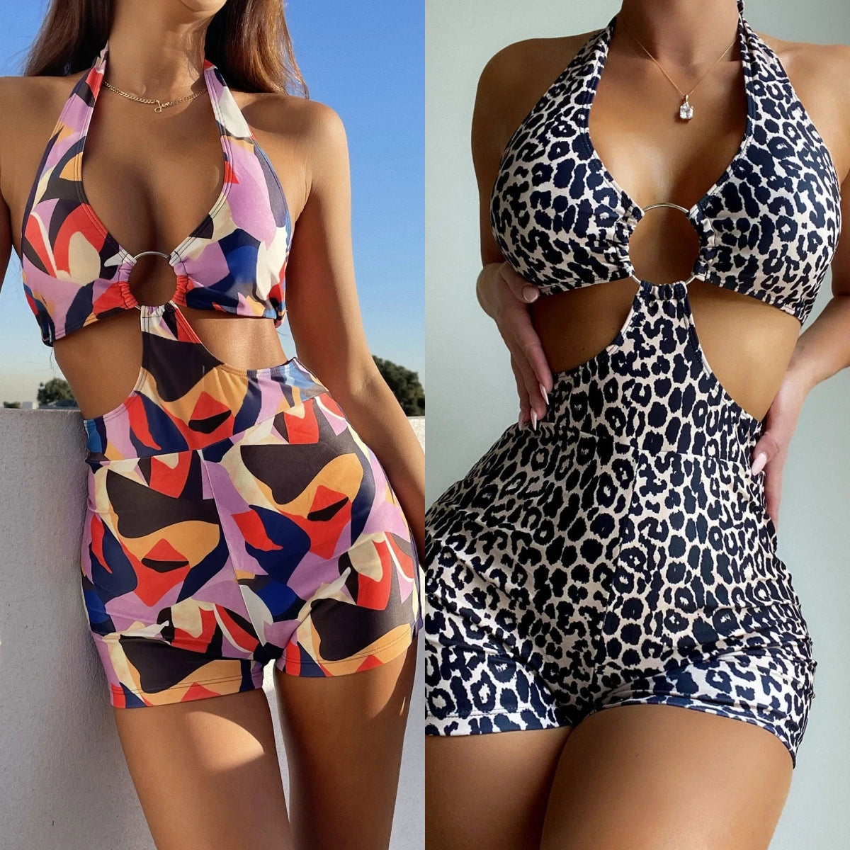 2 Colors Sexy One Piece Swimsuit Swimwear Women Black Leopard Colorful Print High Waist Halter Bathing Suit Beachwear Metal Hoop
