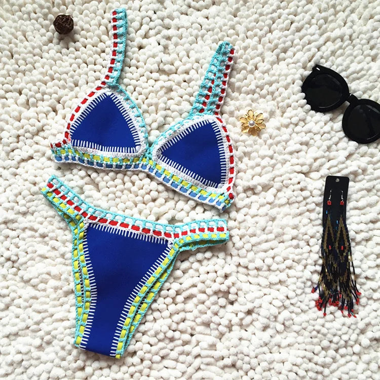 Bikini Crochet 2026 Handmade Knit Patchwork Reversible 2 Piece Swimsuit Women Halter Top Brazilian Bathing Suit Thong Swimwear