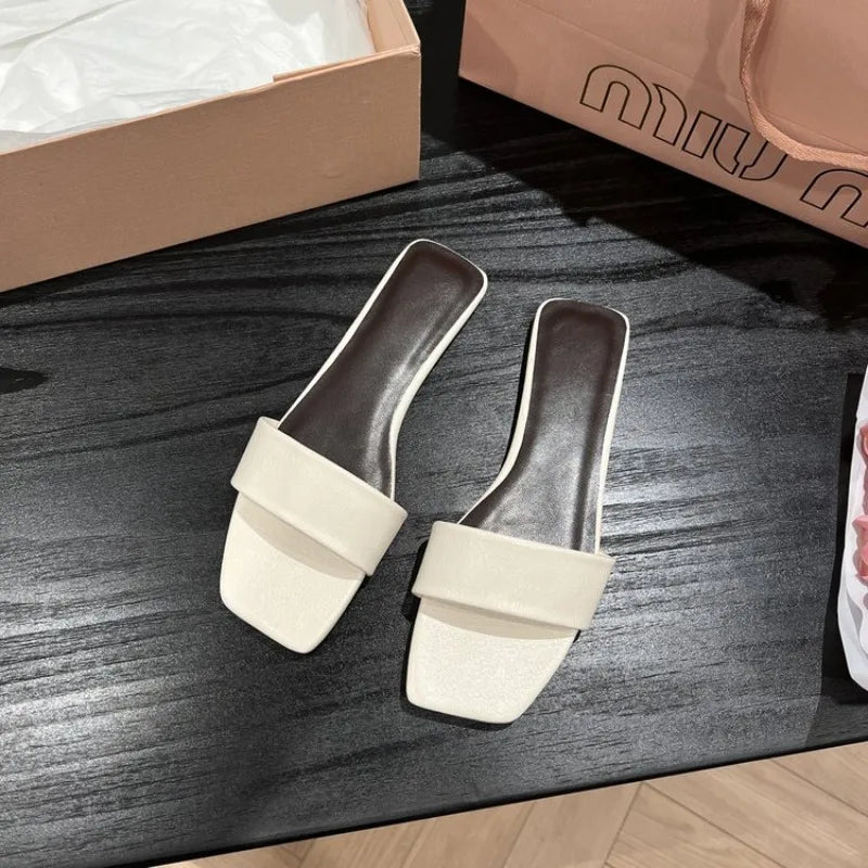 Ladies New Black White Flat Slippers Women Genuine Leather Peep Toe One Strap Mules Shoes Woman Summer Slides Comfort Clogs