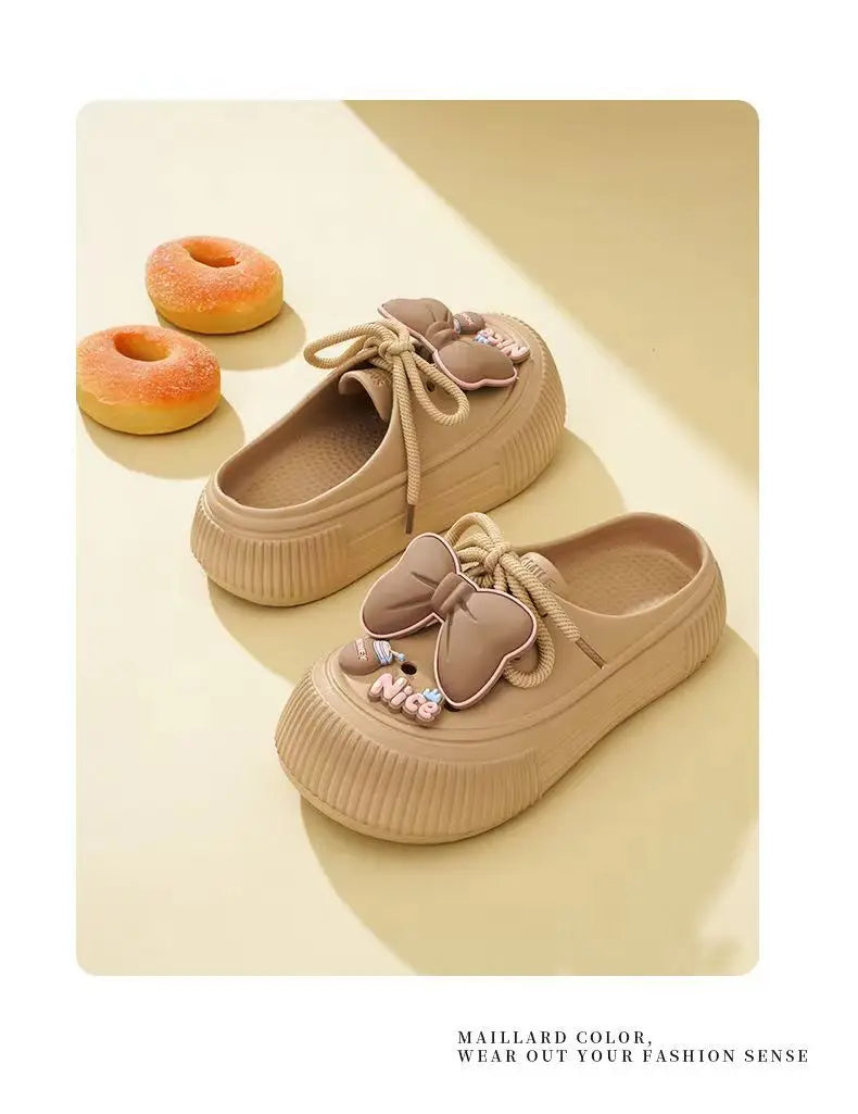 2025 New Slippers DIY Bow Platform Sandals for Women Summer Thick Sole Beach Slides Woman Flowers Non Slip Clogs Garden Shoes