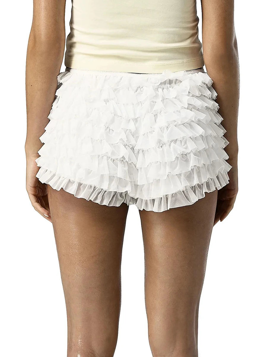 Womens Solid Color Lace Mesh Shorts Tiered Ruffled Bow Elastic Waistband Summer Leisure Lounge Short Pants