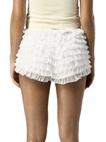 Womens Solid Color Lace Mesh Shorts Tiered Ruffled Bow Elastic Waistband Summer Leisure Lounge Short Pants