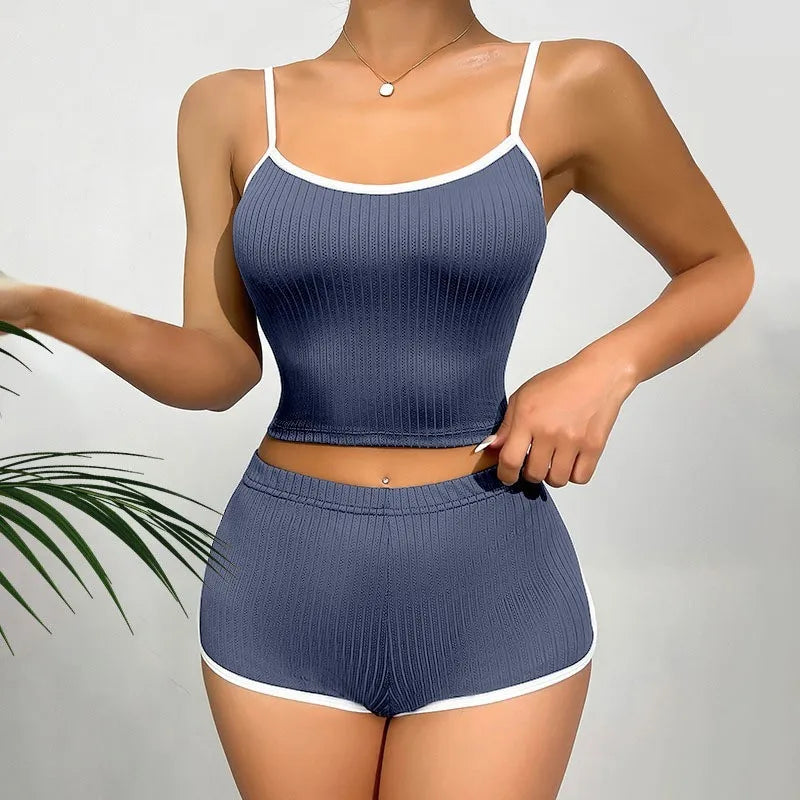 2026 New Women's Sleepwear and Home Wear Set Slim Fitting Camisole Shorts Casual and Comfortable Vest Sports Shorts 2-Piece Set