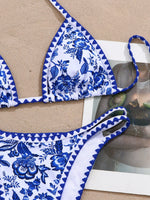 New Blue Floral Print Bikini Set Women Halter Push Up Bra Hollow Out Thong Swimsuit 2026 Summer Bathing Suit Holiday Swimwear