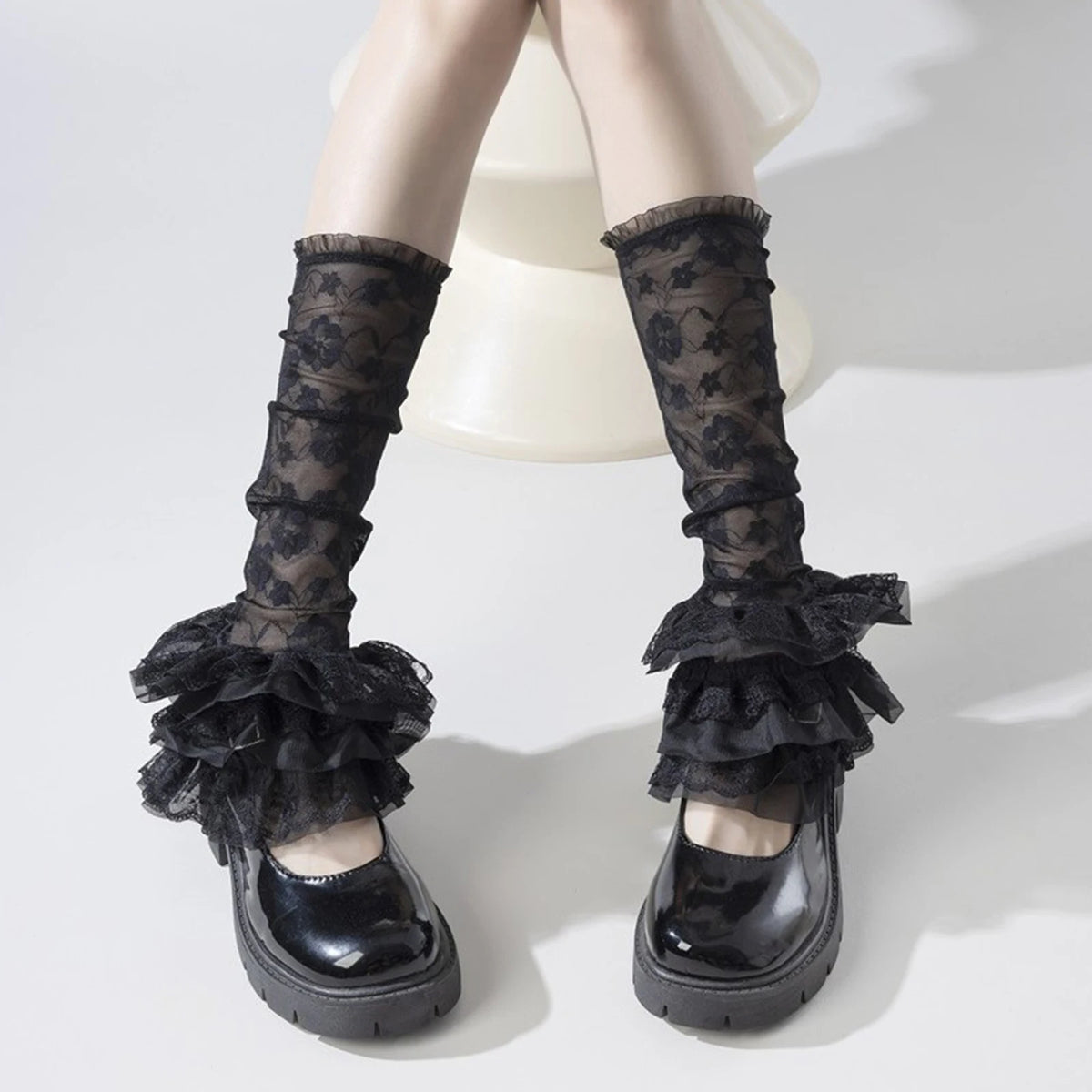 Women Lace Tiered Ruffle Leg Warmers Summer Elegant Stacked Mesh Socks for Dance Party Daily Wear