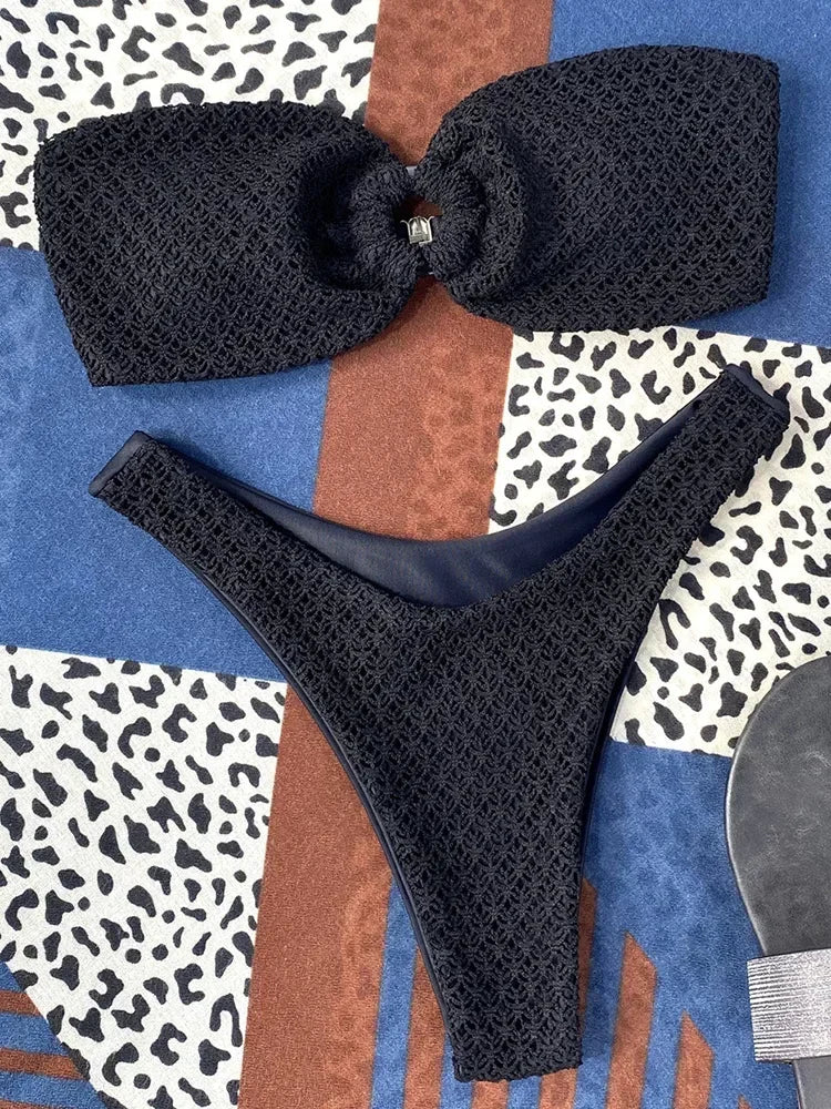 Sexy Fishnet Strapless Bandeau Bikini Women Swimsuit Female Swimwear Two-pieces Bikini set High Cut Bather Bathing Suit Swim
