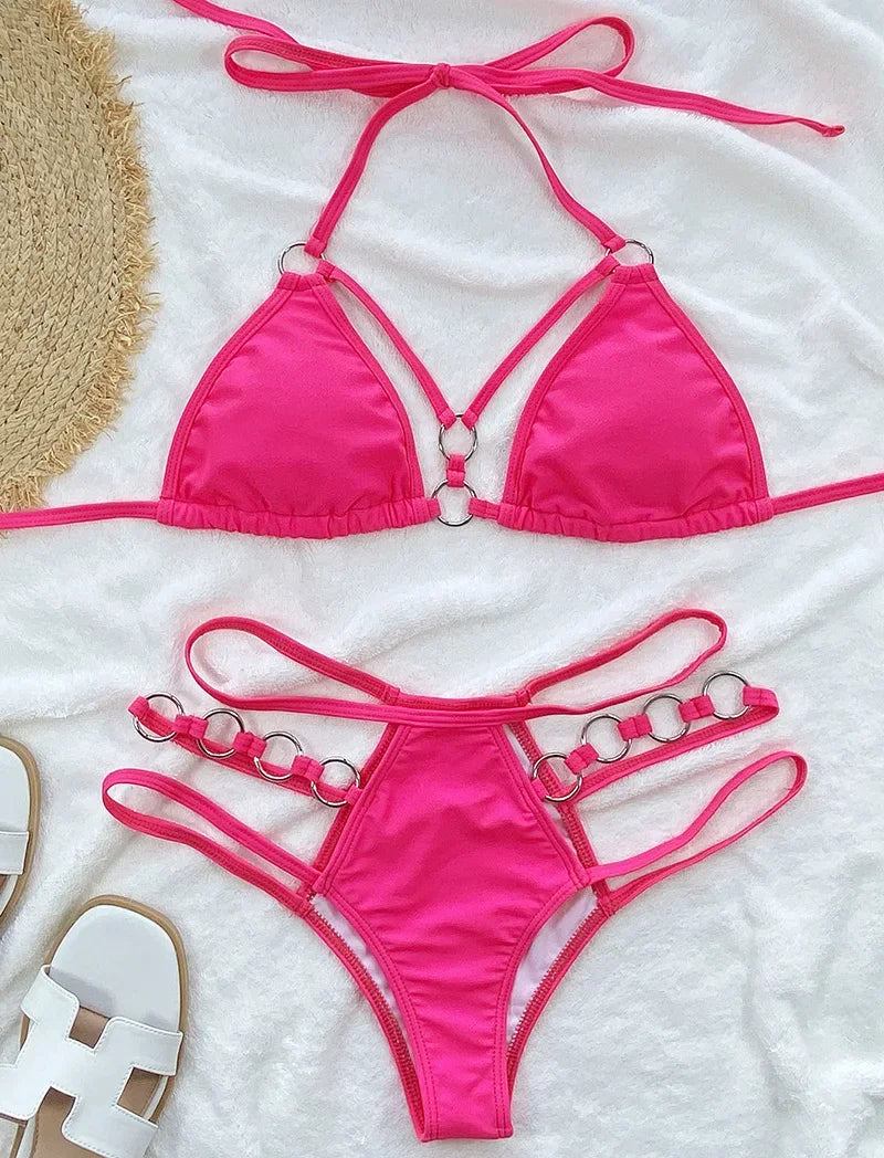 2025 Sexy Halter Strappy Metal Rings Bikini Women Swimwear Female Swimsuit Two-pieces Bikini set High Cut Bathing Suit Swim Lady