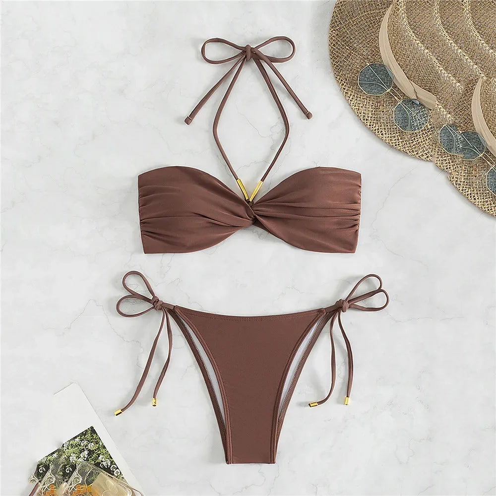 Brown Swimwear String Halter Bandeau Bikinis Sets Micro Thong Sexy Swimsuit Women Back Knotted Bathing Suit Bikini Mujer 2026