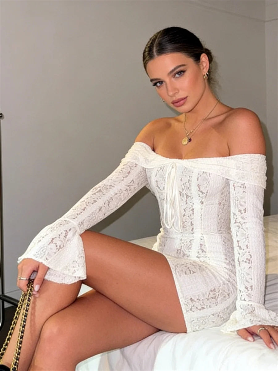 Women Off Shoulder Mini Dress Flare Long Sleeve Lace Flower Bodycon Short Dress for Holiday Daily Club Sexy Dresses
