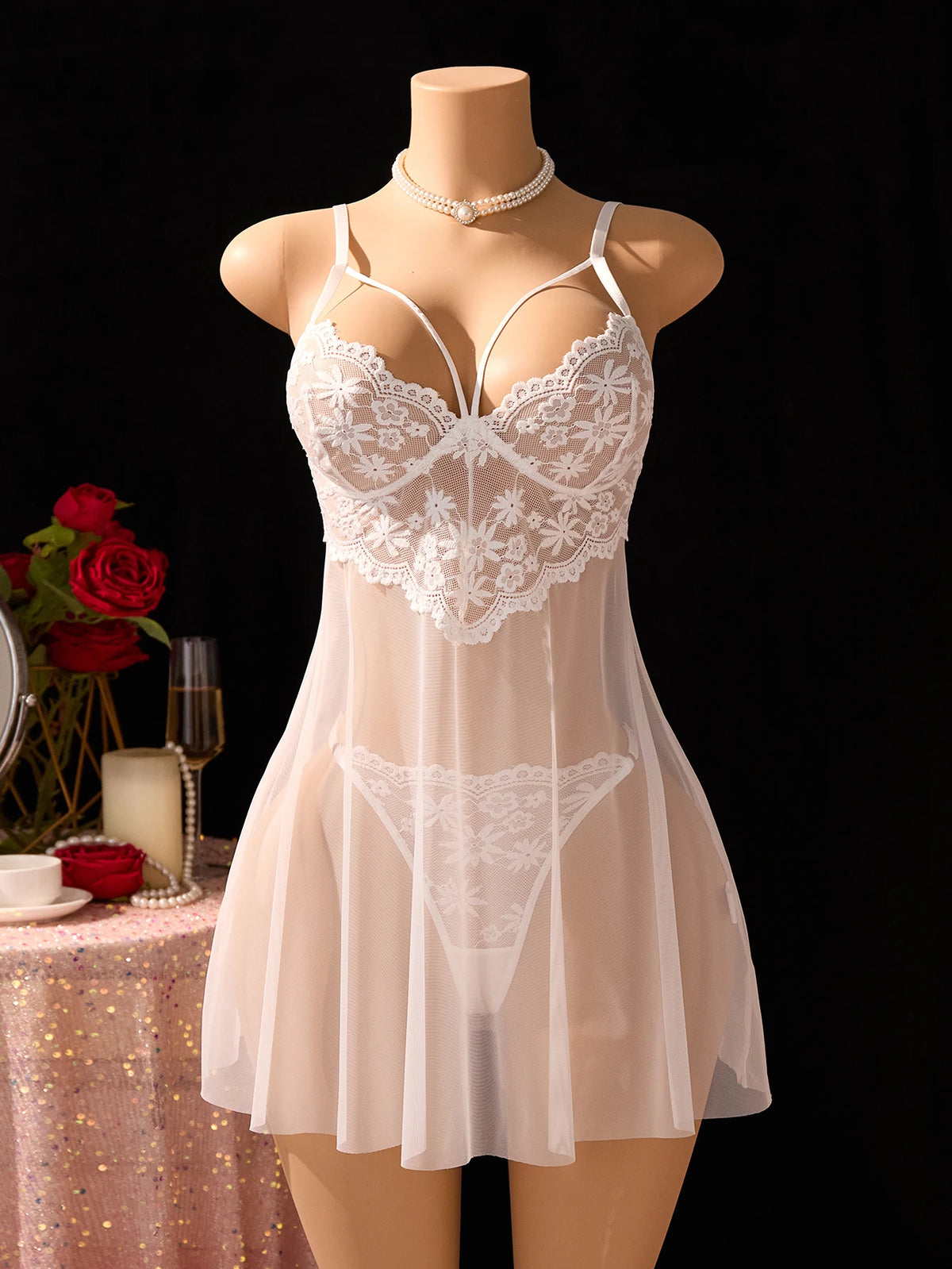White Sexy Women's Underwear: Laceless Panties with Cutouts, Sexy Halter Dresses, Female Erotic Wear, Naughty Pajamas ZA825096