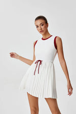 Summer Round Neck One-piece Tennis Dresses for Women White Contrast Sleeveless Drawstring Built-in Shorts Fitness Pleate Skirt