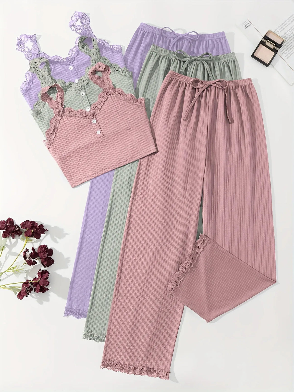 Women Ribbed Pajama Set Lace Trim Cami Top and Pants Sleepwear Soft Breathable Button Front Loungewear