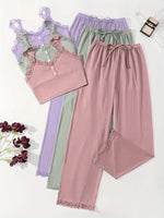 Women Ribbed Pajama Set Lace Trim Cami Top and Pants Sleepwear Soft Breathable Button Front Loungewear