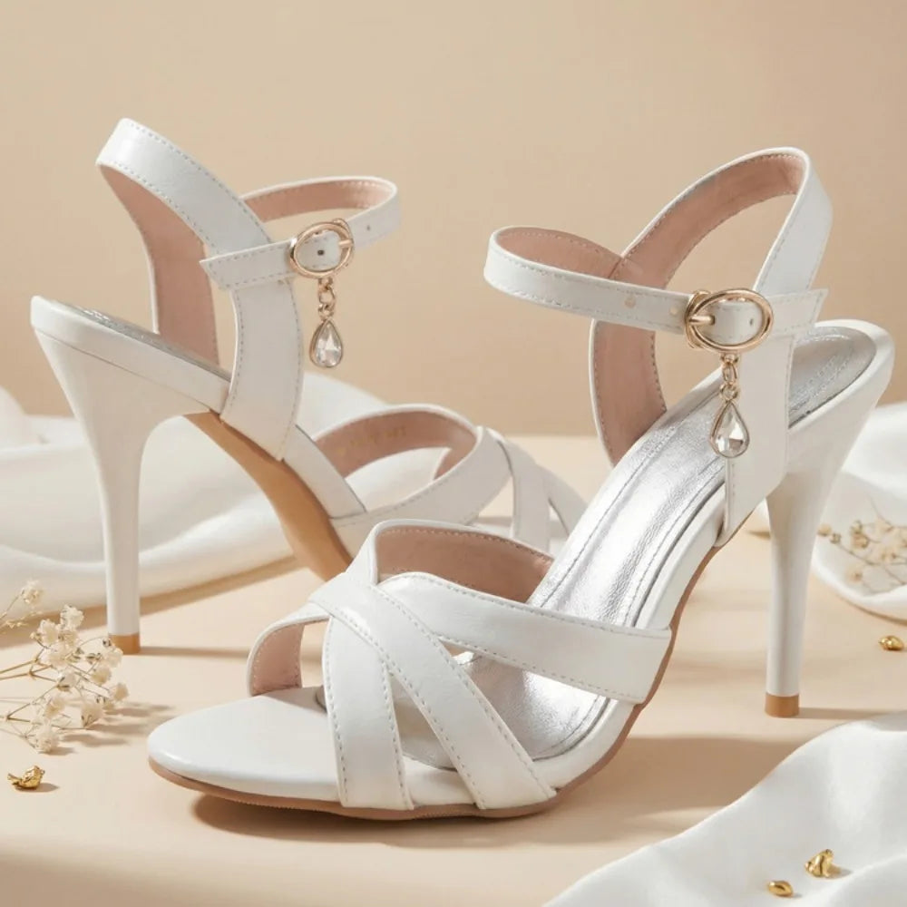 2026 Summer New Women's Metallic High Heel Sandals Ankle Strap Crystal Buckle Stiletto Heels Sexy Party Wedding Prom Dress Shoes