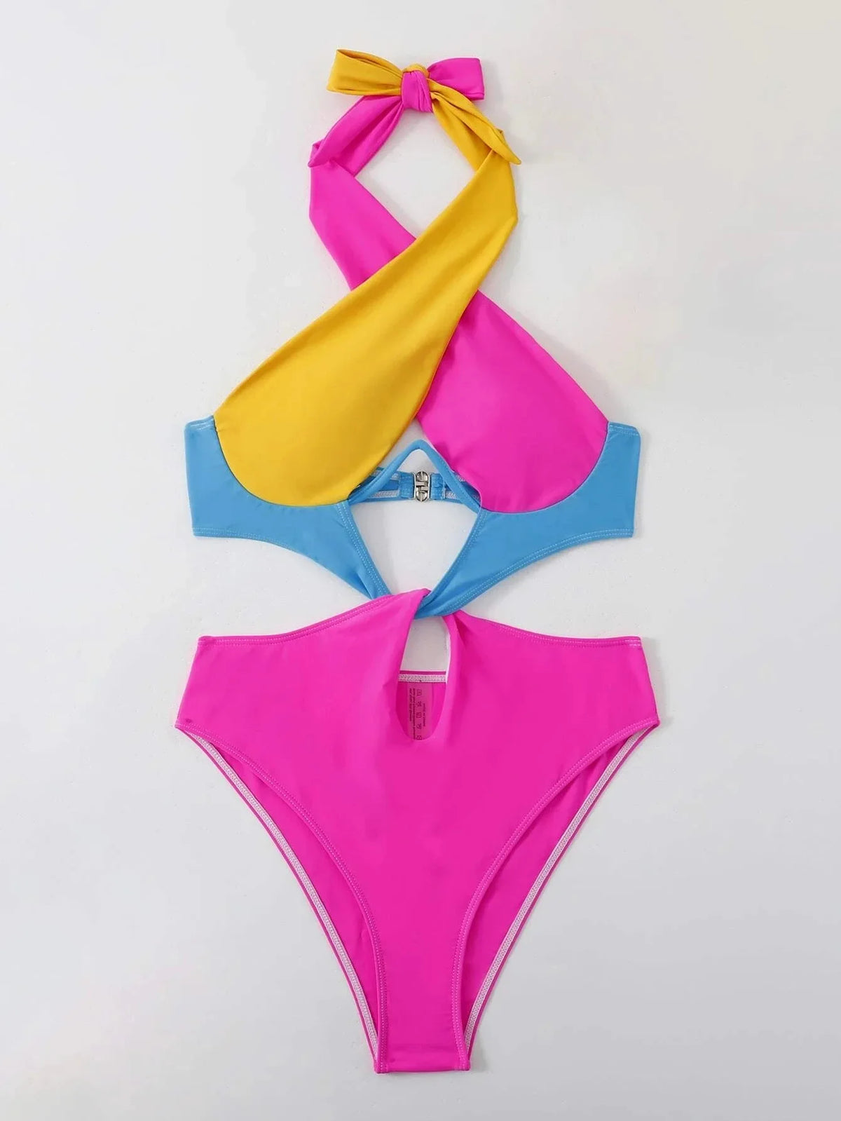 Sexy Constrast Color Swimwear Women Halter Cross Underwire Cut Out One Piece Swimsuit Bathing Suit Hot Pink Patchwork Bikini