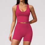 Seamless Gym Yoga Sets Women Breathable I-shaped Shock-absorbing Slim Sports Tank Top High Waist Shorts Training Fitness Suit