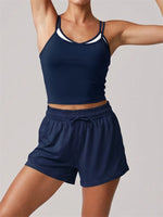 Women's New Summer Yoga Sets Color Blocked Double Strap Workout Tank Top Fitness Suit Drawstring High Waist Short Sport Set