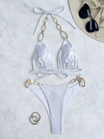 New Sexy Leopard Print Backless Swimsuit Halter Lace-up Swimwear Micro Bikini Set Chain Linked Beachwear Female Bathing Suits