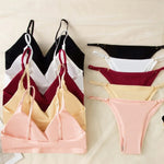 Women Ribbed Triangle Bra And Panties Set Wireless V Neck Thin Strap Bra Low Waist Briefs Ladies Removable Pads Lingerie Set