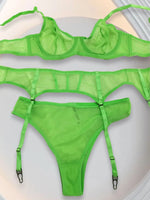 Sexy Lingerie Set with Garter Belt Corset Panty Outfits Mesh No Padding Underwire Sheer Bra and Panty 3 Pcs