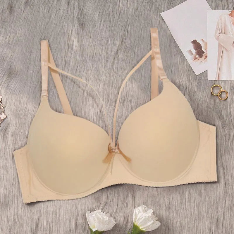 Beauwear Solid Color T-shirt Bras for Women Padded Bra Push Up Cross Straps Bow Underwear