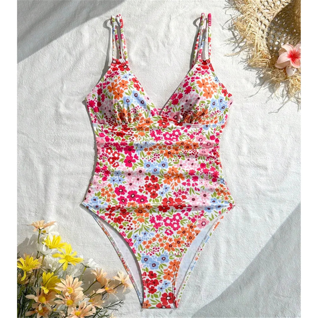 S - XL Floral Flower Printed V Neck One Piece Swimsuit Women Swimwear Female High Cut Leg Padded Bather Bathing Suit Swim V8150