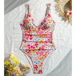 S - XL Floral Flower Printed V Neck One Piece Swimsuit Women Swimwear Female High Cut Leg Padded Bather Bathing Suit Swim V8150