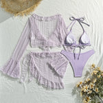 DEKA 4Pcs/Set Mesh Sheath Bikini Set Female Mini Camis Briefs Short Skirt Swimwear Fashion Drawstring Long Sleeve Boho Swimsuit