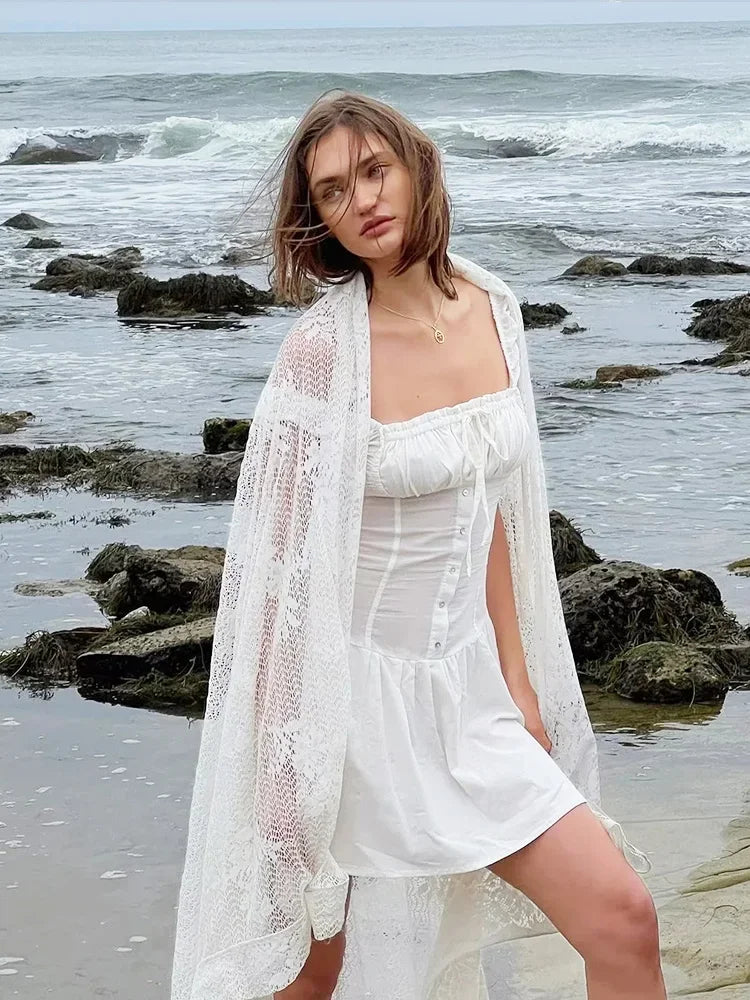 Foridol Bowknot Smocked White Short Dress Women Summer Cotton Mini Sleeveless Tank Sundress Beach Chic Buttons Dress for Petite