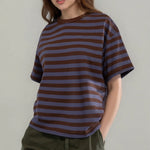 Striped Print Summer T-shirt for Women Loose Casual Contrast Short Sleeve Round Neck Basic Tops