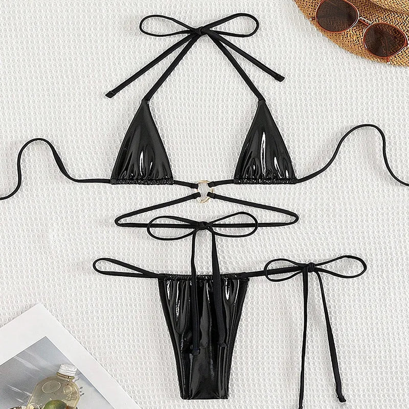 Sexy Metallic Black Halter String Micro Mini Bikinis Sets Two Piece Backless Swimwear Swimsuit Women Biquini Thong Bathing Suits