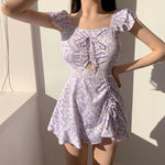 Vintage Blue Floral Print Korean Swimsuit Dress One Piece Swimwear Women 2026 Beach Wear Ruffled Drawstring Swimming Suit Bather