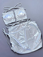 Silvery Shiny 3 Piece Swimsuit for Women,2026 New High Waist Skirt Bikini,sexy Strapless Hollow Out Backless Ruffle Bathing Suit