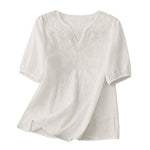 Women Summer Loose Embroidered V Neck Solid Color Short Sleeved Comfortable Button Down Shirt Top женская одежда