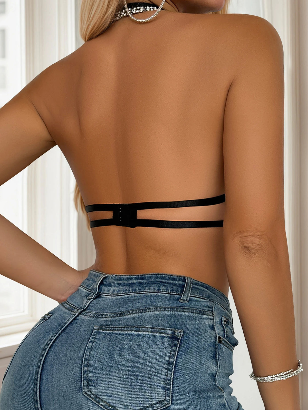 Black women's lingerie hollow out sexy back bra party bra hanging neck bra can be paired with evening dress underwear J2943
